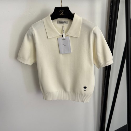 Dior CD Bee Embroidery Polo Collar Short Sleeve Knit Top in Three Colors