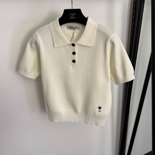 Dior CD Bee Embroidery Polo Collar Short Sleeve Knit Top in Three Colors