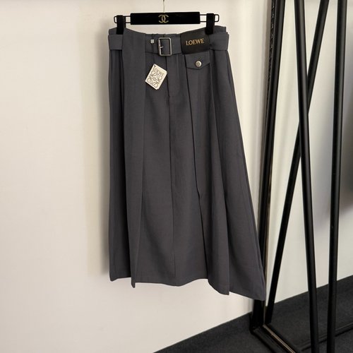 Loewe Logo Leather Buckle High-Waist Gray & Black Suit Skirt