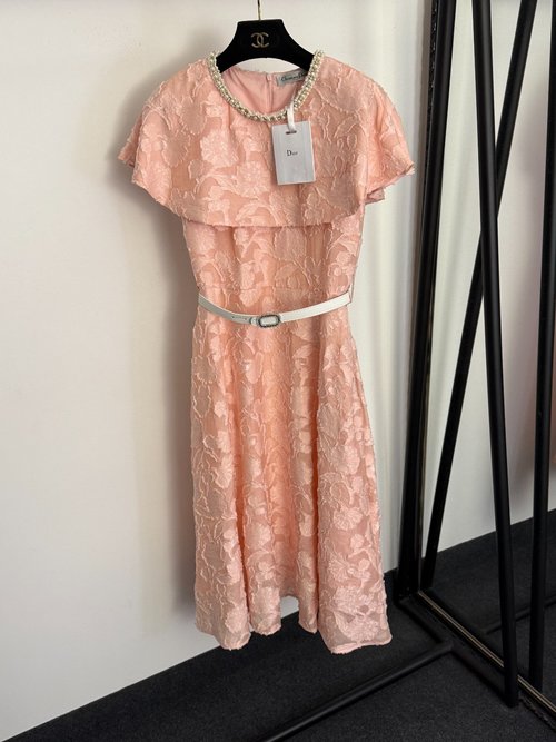 Dior Elegant Embroidered Flower Chic Lotus Leaf Shawl Pearl Neckline Dress with Belt