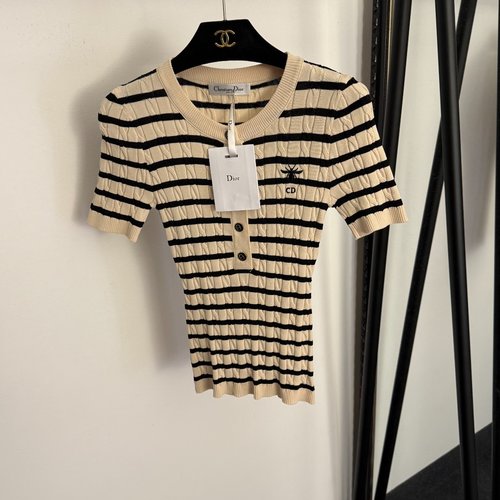 Dior Short Sleeve Knit Top with CD Bee Embroidery Stripes in a Range of Colors