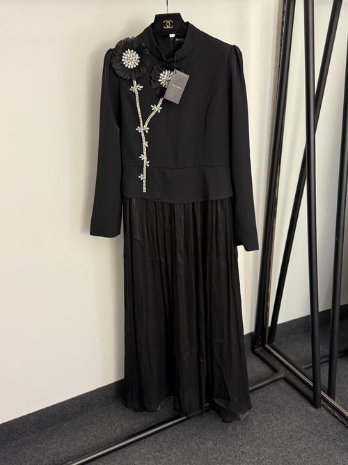 Dolce & Gabbana 3D Rhinestone Flower Two-Tone Long Sleeve Dress with Back Tie