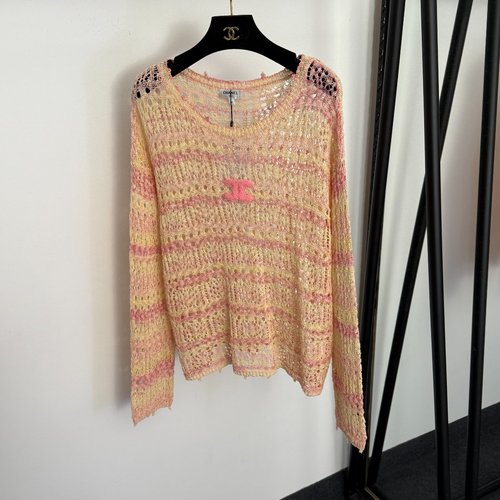 Chanel Small Logo Lazy Striped Cutout Long Sleeve Knit Top in Pink