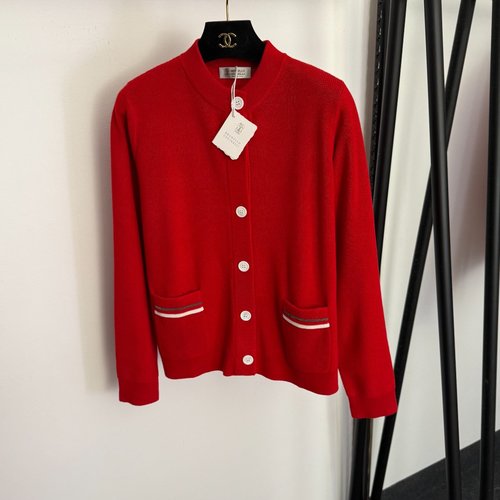Loewe Red & Black Long-Sleeve Wool Knit Cardigan with Beaded Pocket