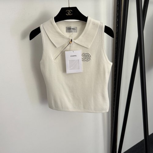 Chanel Tweed Logo Embroidery Diagonal Zipper Lapel Knit Vest in 3 Colors