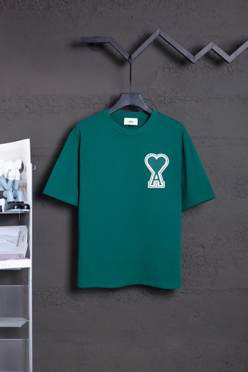 Ami Heavyweight Cotton Short-Sleeved Tops in Dark Green