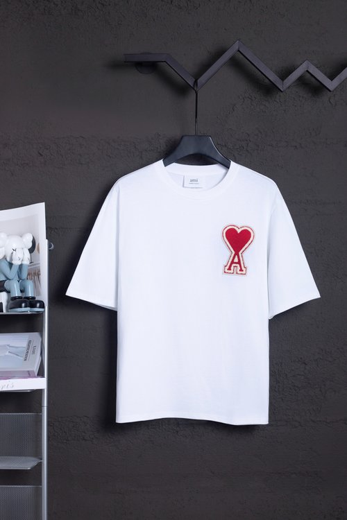 Ami Heavyweight 100% Double Yarn Cotton T-Shirt in White & Red