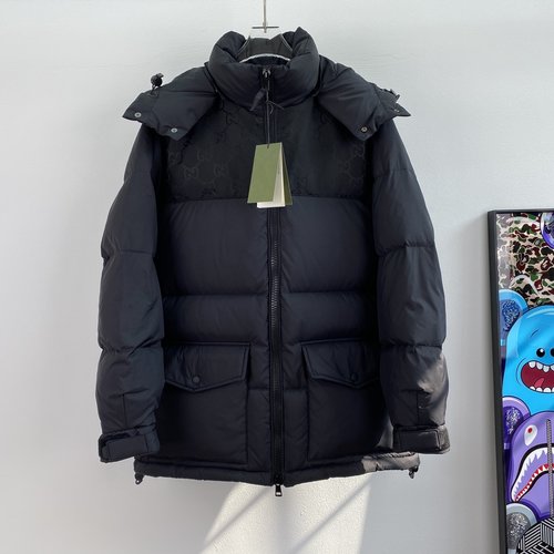 Gucci High-Density Nylon Waterproof Hooded Down Jacket with GG Pattern
