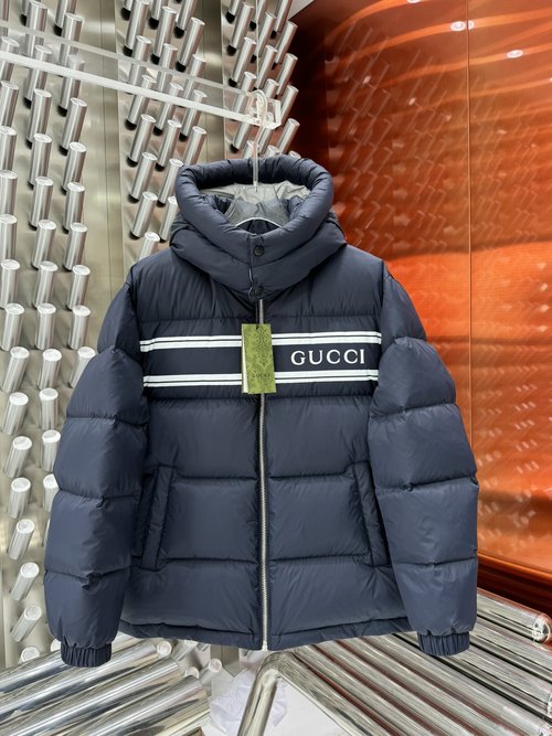 Gucci Striped Print Hooded Down Jacket in Black/Blue