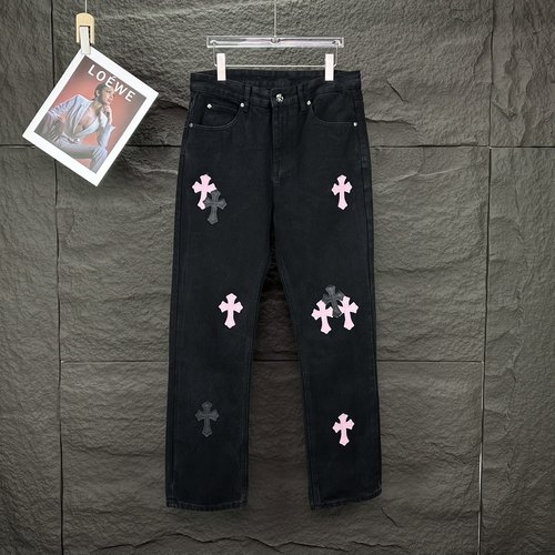 Chrome Hearts Pink Sanskrit Cross Embroidered Denim Pants