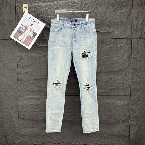 Ami Ripped Black Leather Patch Jeans with Classic Fit