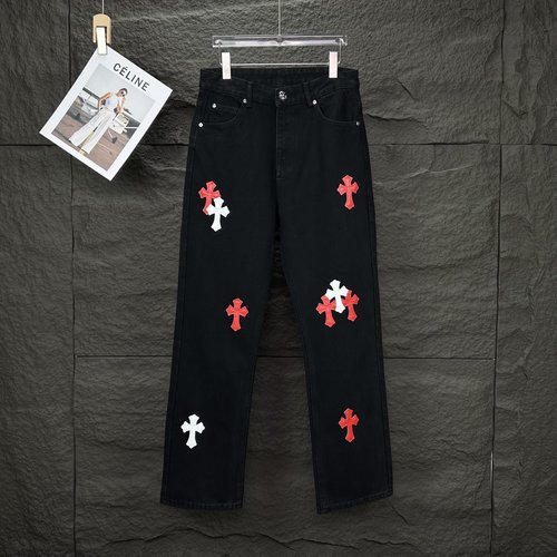 Chrome Hearts Red Sanskrit Cross Patch Jeans