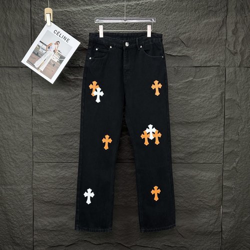 Chrome Hearts Orange Cross Embroidered Denim Jeans for Couples