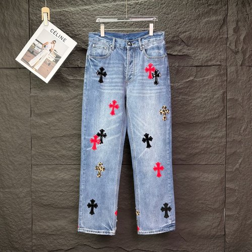 Chrome Hearts Red-Black Leopard Cross Patch Denim Loose Jeans