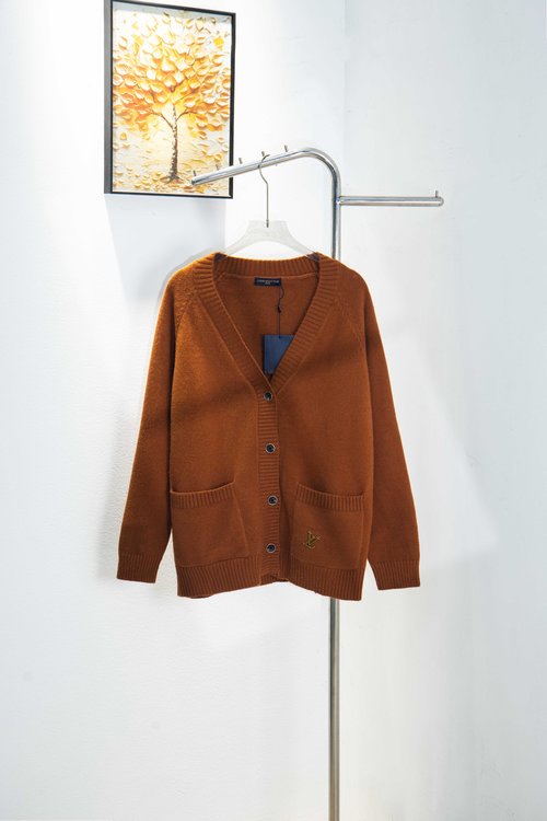 Louis Vuitton Brown Knit Cardigan with Retro Logo, Comfortable