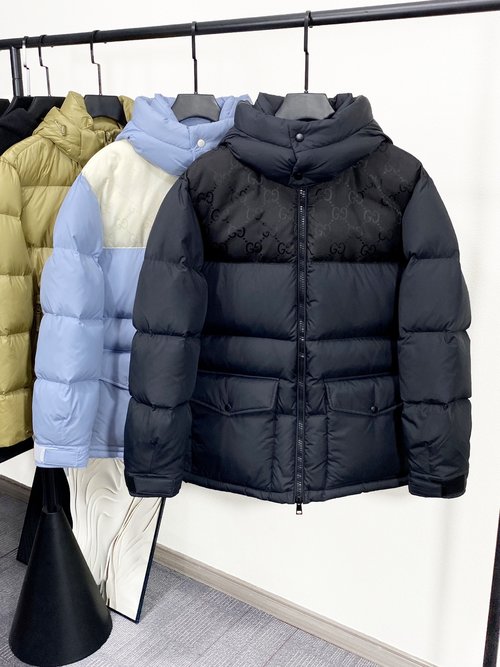 Gucci Waterproof Nylon Hooded Long Down Jacket with GG Pattern