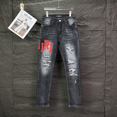 Ami Distressed Red Leather Letter Embroidery Stretch Jeans