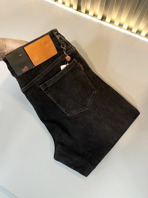 Hermes Denim Straight-Leg Jeans with Logo Design
