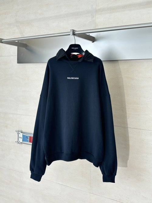 Balenciaga Black Embroidered Shirt Collar Sweatshirt