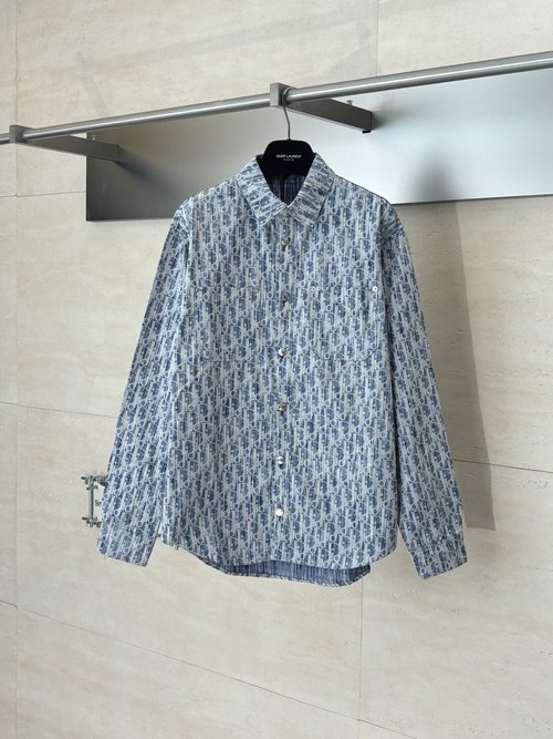 Dior Classic Monogram Print Denim Shirt with Durable Aluminum Fasteners