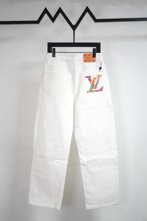 Louis Vuitton Timeless Pocket Logo Print Straight Jeans in White