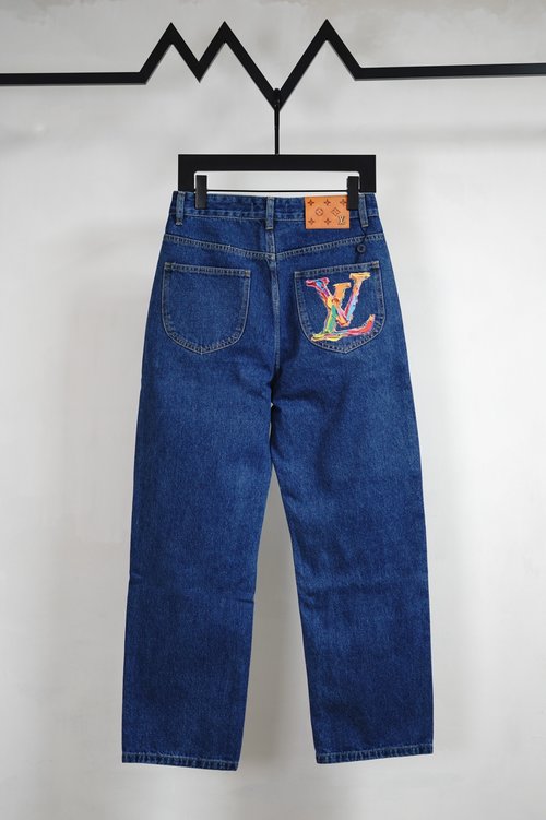 Louis Vuitton Logo Print Straight Leg Jeans with Soft Texture