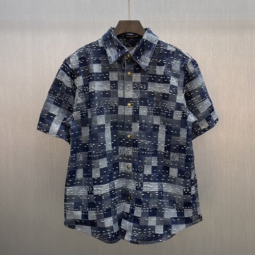 Ami Denim Checkered Embroidery Short Shirt