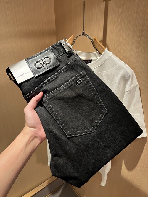 Ferragamo Casual Straight-leg Jeans with Leather Logo Accent