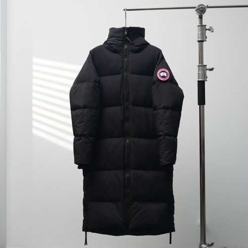 Canada Goose Long Hooded Down Jacket with Arm Patch, Black-Red