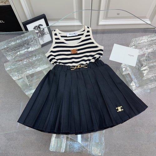 Celine Girls Striped Ice Silk Tank Top & Pleated Skirt Set