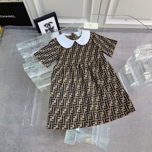 Fendi Girls Classic White Peter Pan Collar Dress Letter Print Knit Pockets