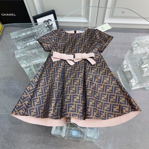 Fendi Girls Short-Sleeve Printed Air Cotton Dress with Removable Bow