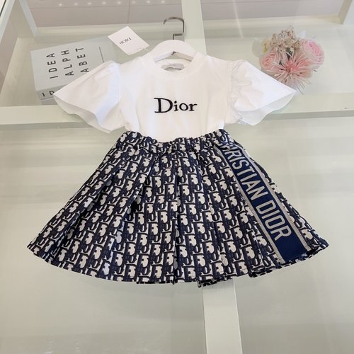 Dior Girls Cotton Set with Flutter Sleeve Top & Letter Print Skirt