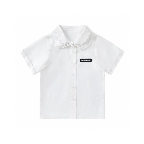 Miu Miu Girls Preppy Embroidered Lace Collar Short Sleeve Shirt