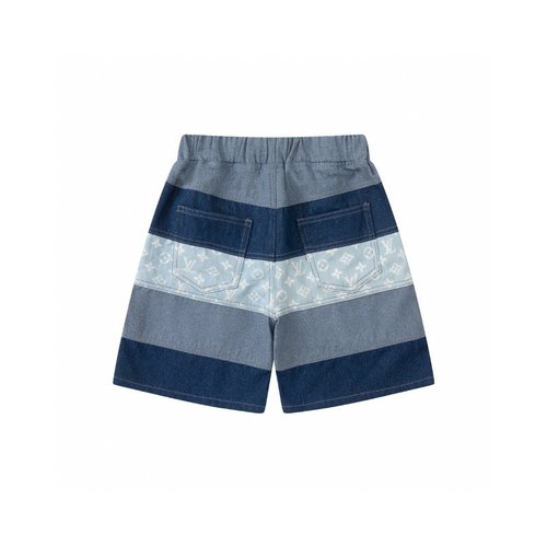 LV Unisex Kids Denim Shorts Patchwork Stripes Elastic Waist