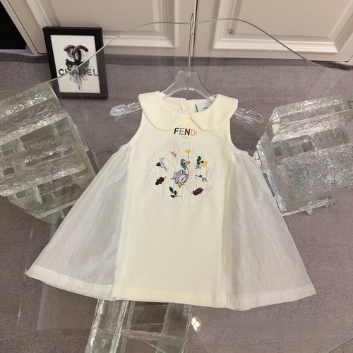Fendi Girls Embroidered Printed Tulle Panel Dress