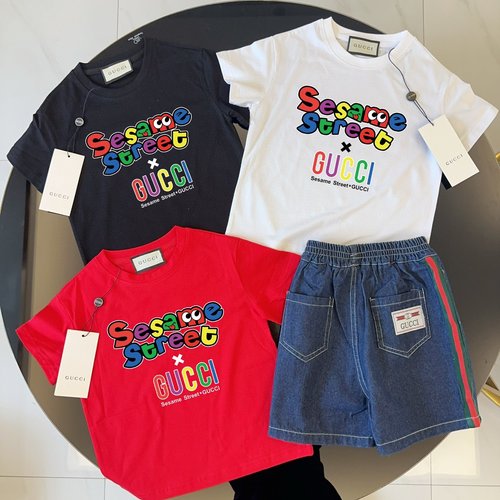 Gucci Kids Cotton Tee & Ribbon Denim Shorts Set 