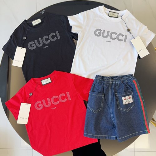 Gucci Premium Unisex Kids Set: Cotton Tee + Ribbon Denim Shorts