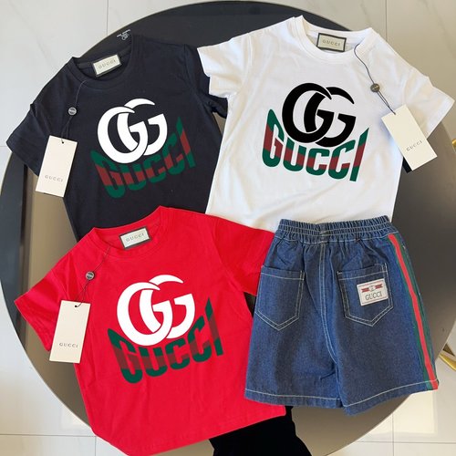 Gucci Kids Premium Outfit - Cotton Tee & Ribbon Denim Shorts