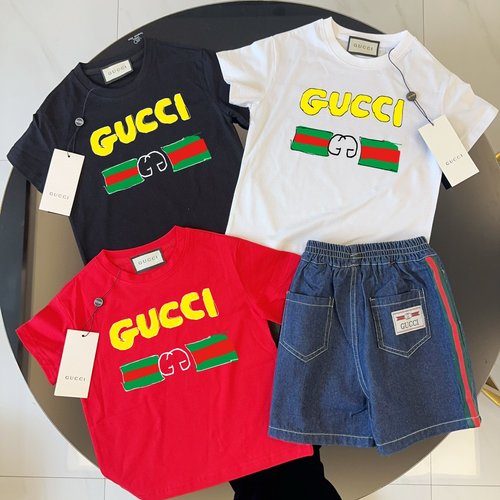 Gucci Kids Cotton Tee & Ribbon Denim Shorts Set 