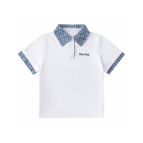 Miu Miu Girls Plaid Trim Polo Shirt 100 Cotton Pique