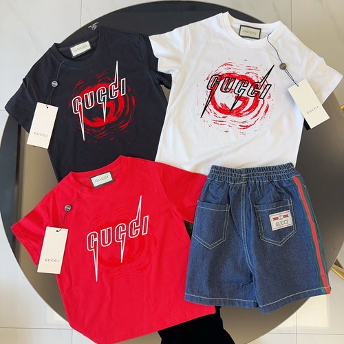 Gucci Kids Premium Outfit - Cotton Tee & Ribbon Denim Shorts