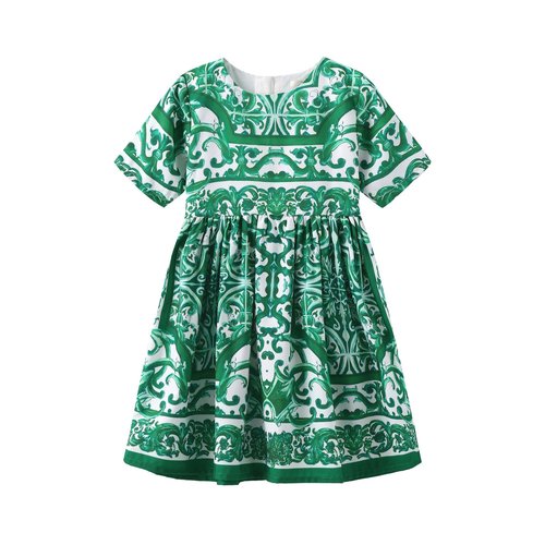 D & G Girls High-End Cotton Dress Green Retro Pattern Comfortable & Nice