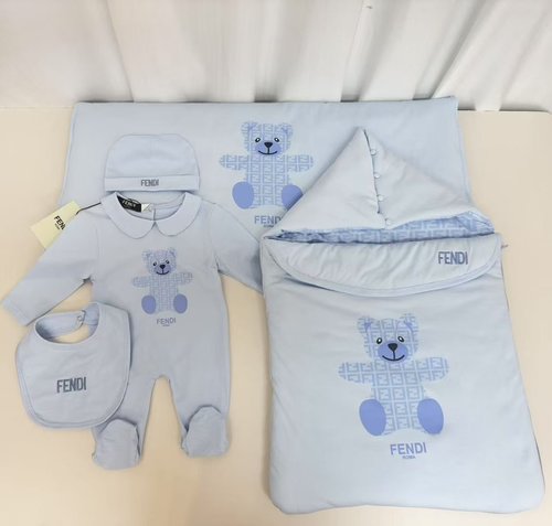 Fendi 5-Piece Baby Romper Set: Long Sleeve, Cotton, Bib, Hat, Sleep Bag, Swaddle