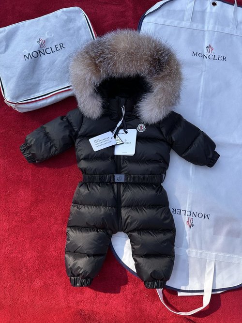 Moncler Toddler Goose Down Snowsuit Fox Fur Trim Logo Print Black Cream