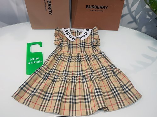 Burberry Girls Plaid Dress with Ruffled Sleeves & Logo Print