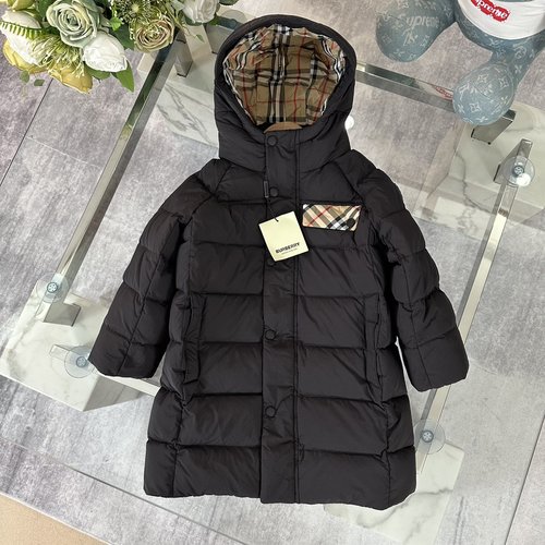 Burberry Kids Hooded Down Jacket Mid-Length Striped Metal Buttons 90 White Duck Down