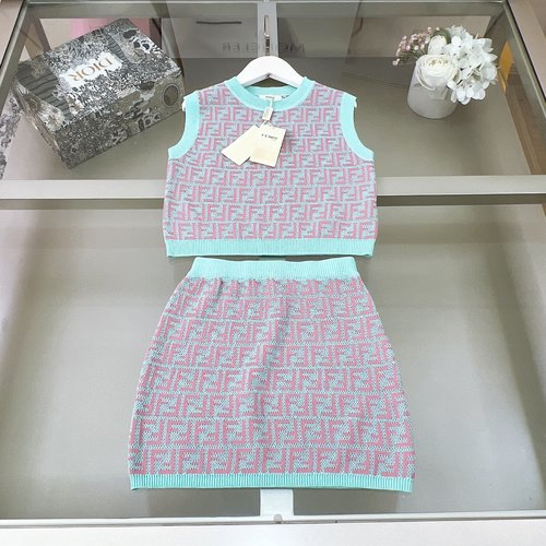 Fendi Girls Premium Pink Navy Ice Silk Crochet Skirt Set 