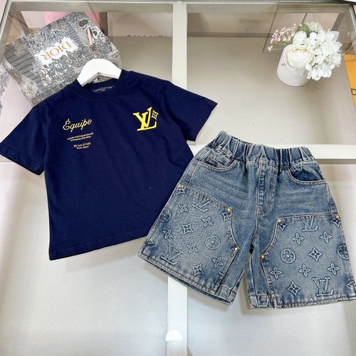 LV Kids Jacquard Logo Denim Jeans & Navy Top Set