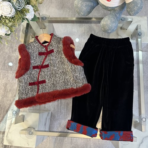 Chanel Boys Chinese Padded Winter Set Wine Red with Rabbit Fur Cuffs